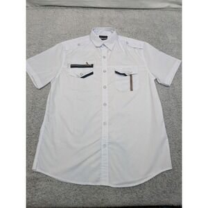 Vertical Sport Slim Fit Men's Button Up Shirt M White Epaulets Zip Pocket Casual